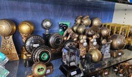 Selection of Crown Bowls trophies